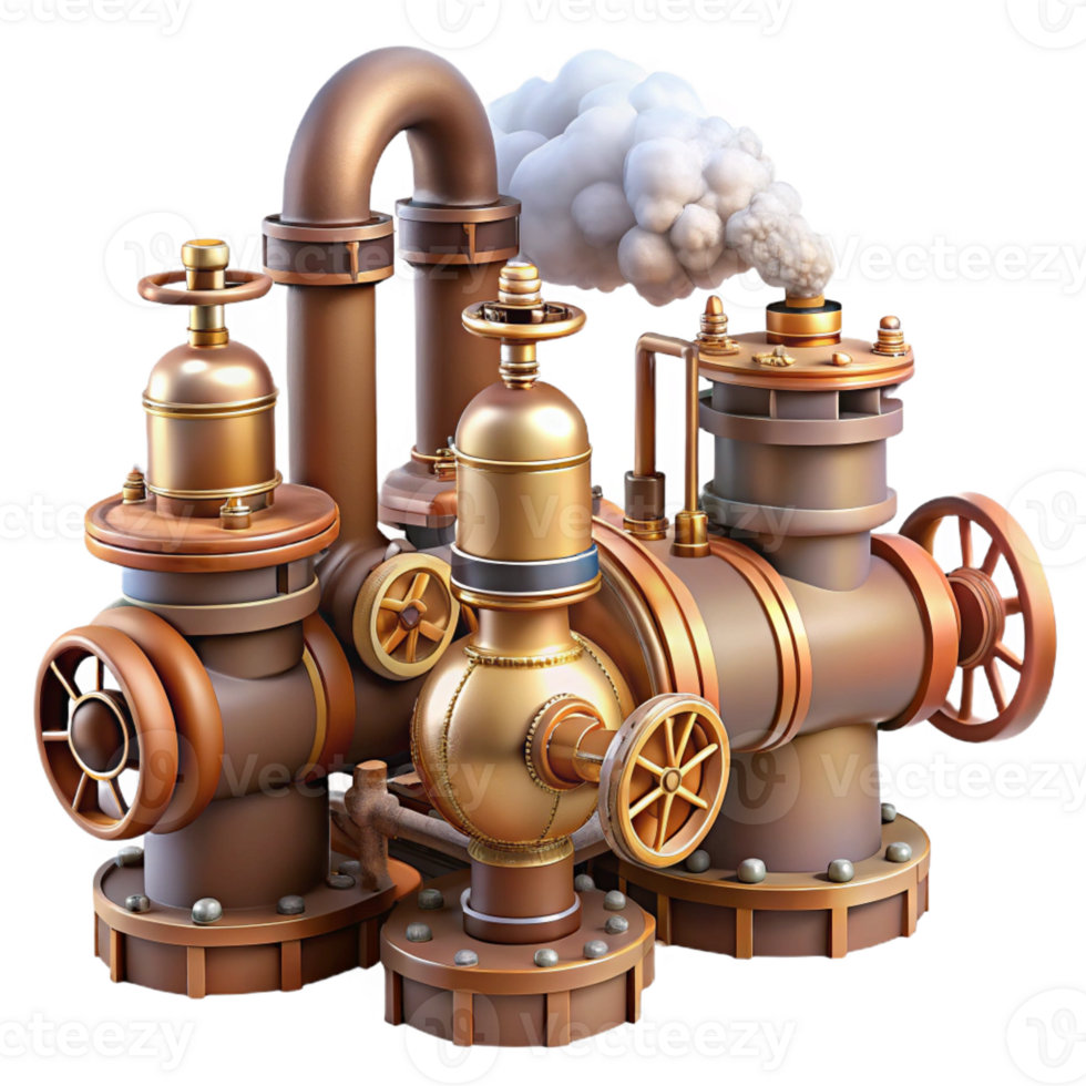 stunning classic A complex network of steampunk pipes and valves, with steam billowing from various points, industrial lighting, photorealistic style professional png