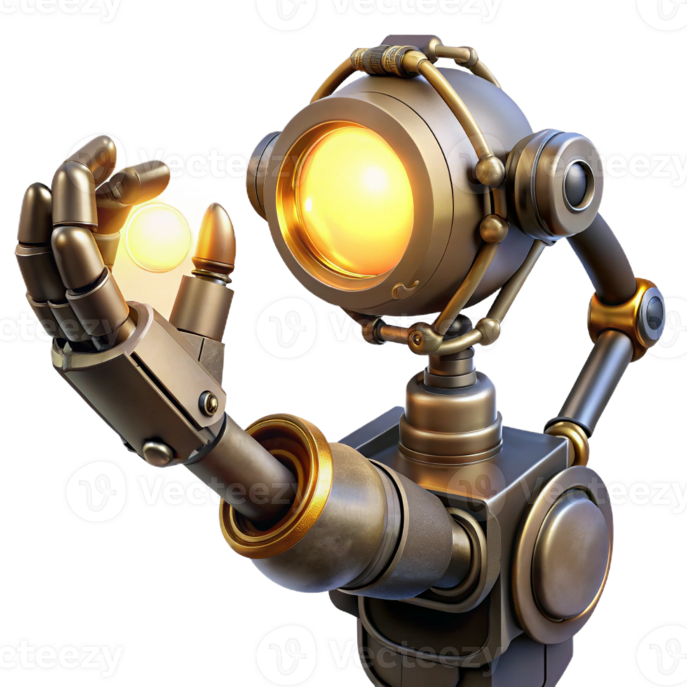 stunning abstract A steampunk-inspired robotic arm holding a glowing orb of energy, dramatic backlighting, sci-fi style detailed png