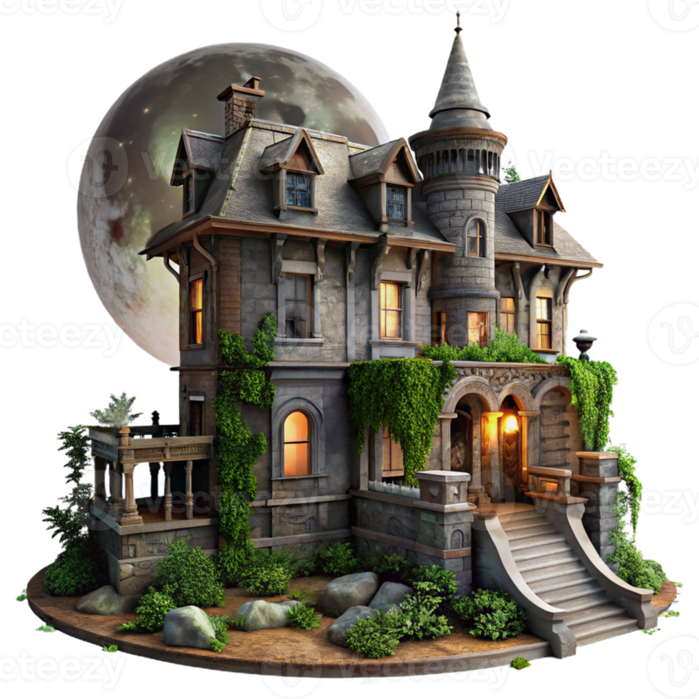 dramatic vintage A crumbling Victorian mansion, overgrown with ivy, dimly lit by a full moon, eerie atmosphere, digital painting style professional png