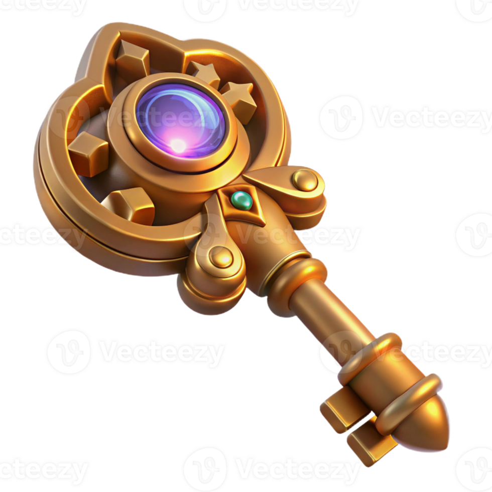impressive classic A steampunk-themed key with intricate carvings and a glowing gemstone, warm candlelight, fantasy style high resolution png