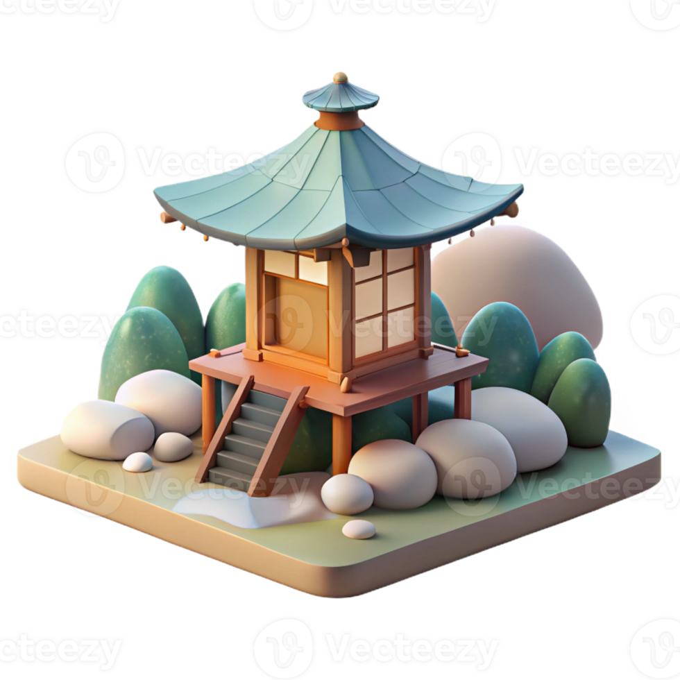 stunning traditional Japanese tea house, nestled in a zen garden, soft morning light, minimalist aesthetic, watercolor painting style authentic png