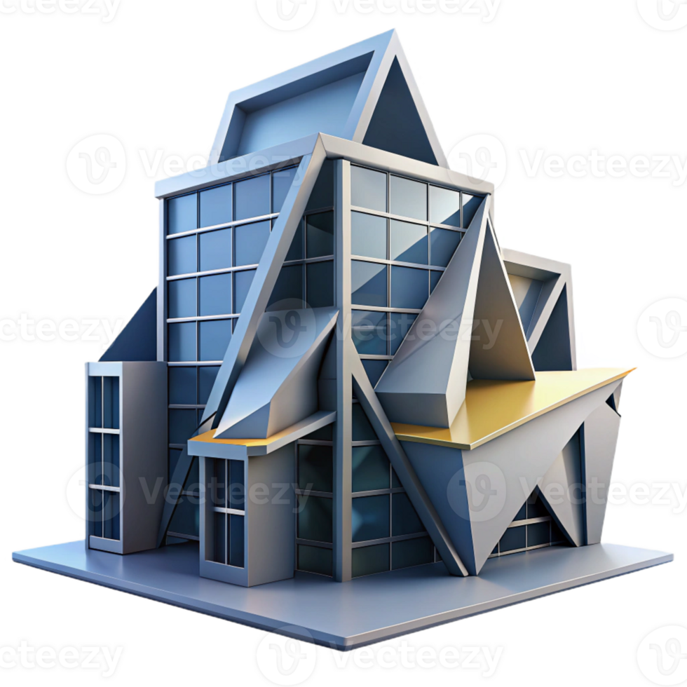 vibrant minimalist Deconstructivist office building, fragmented forms, sharp angles, dramatic lighting, abstract style detailed png