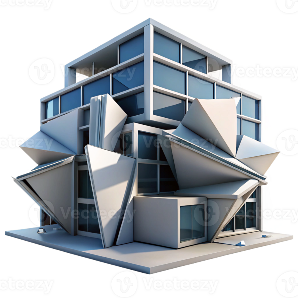 vibrant creative Deconstructivist office building, fragmented forms, sharp angles, dramatic lighting, abstract style professional png