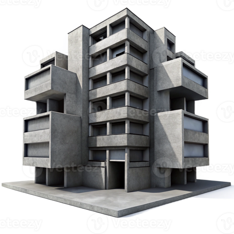 wonderful modern Brutalist concrete apartment complex, stark geometric shapes, harsh shadows, high contrast black and white photography original png