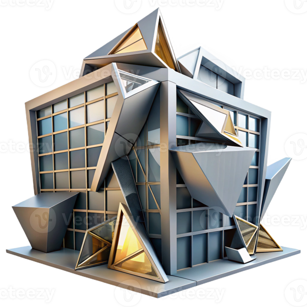 extraordinary contemporary Deconstructivist office building, fragmented forms, sharp angles, dramatic lighting, abstract style premium png