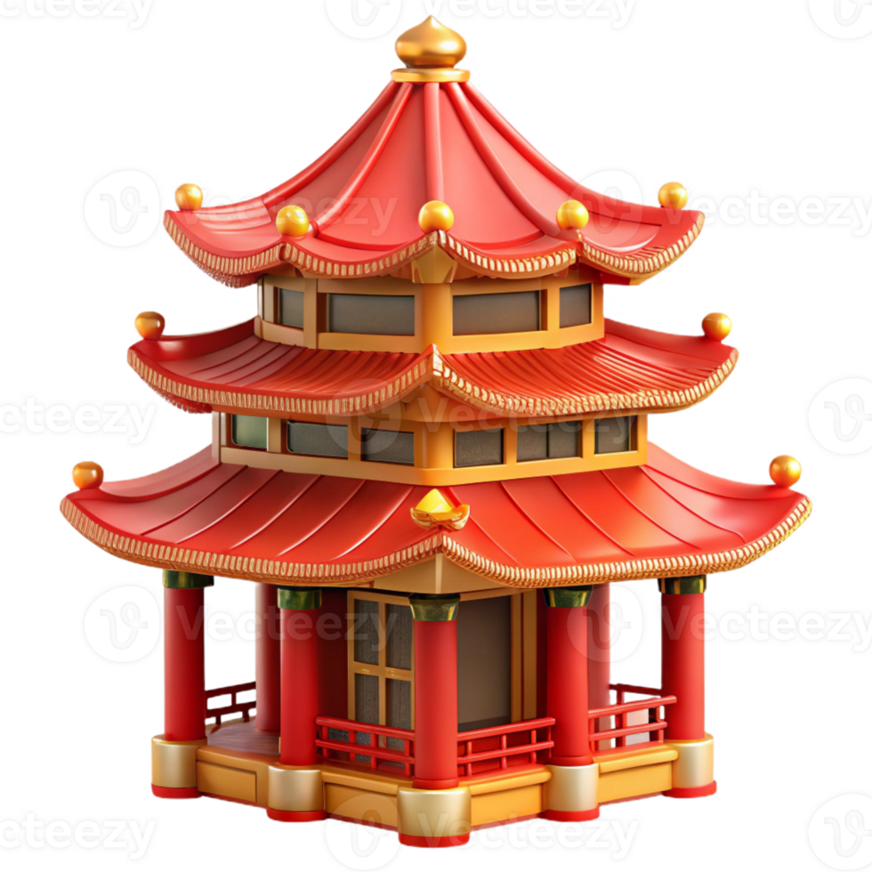 serene creative Traditional Chinese pagoda, vibrant red and gold colors, detailed carvings, sunny day, illustration style authentic png