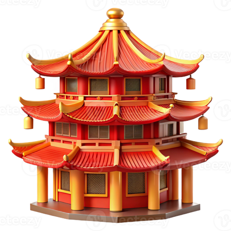 magnificent rustic Traditional Chinese pagoda, vibrant red and gold colors, detailed carvings, sunny day, illustration style 4K png