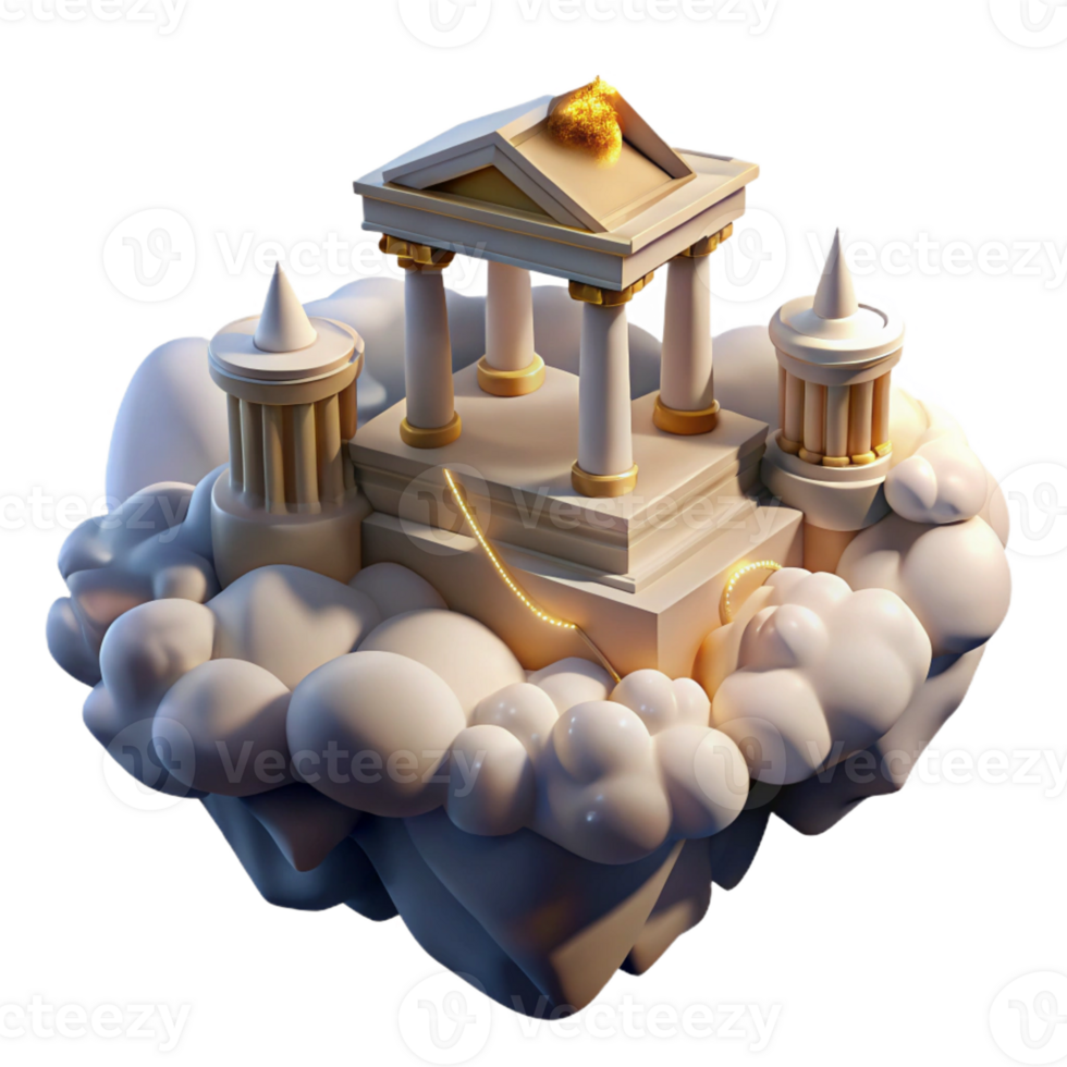 vibrant abstract Floating island with a Greek temple, surrounded by clouds, golden light, fantasy art style high resolution png
