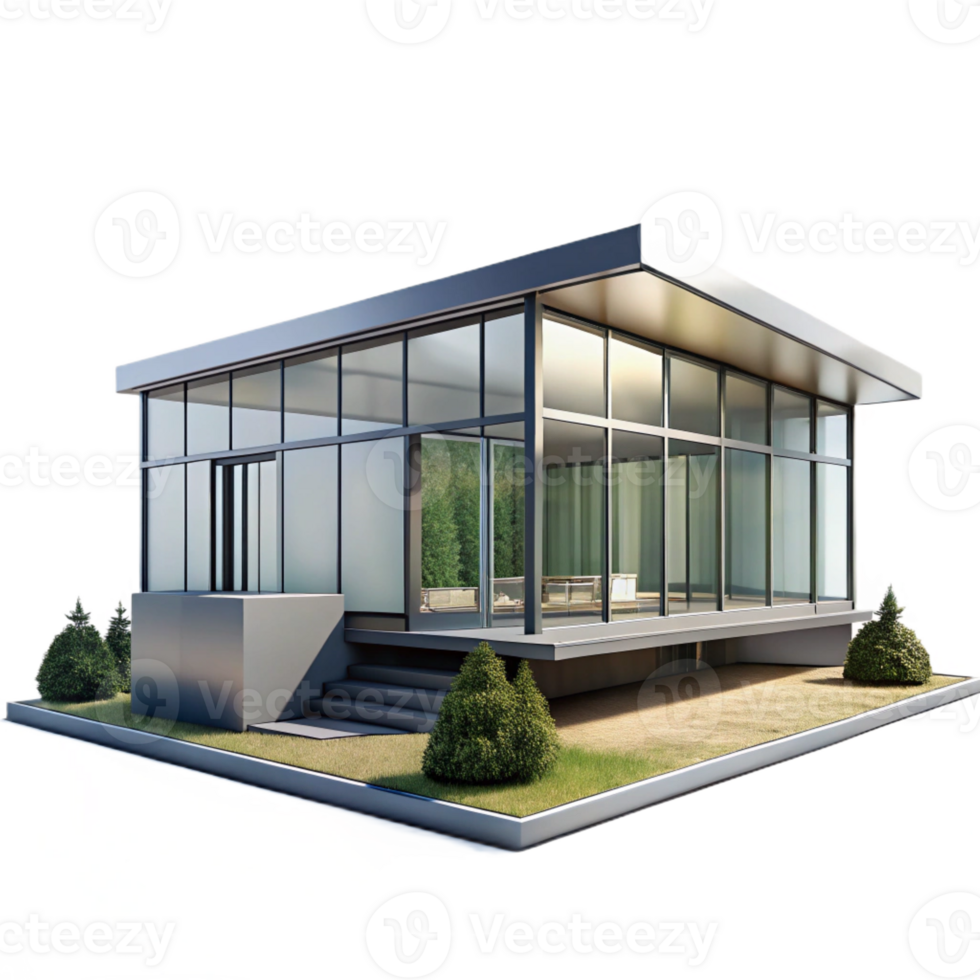 vibrant creative Modernist glass and steel house, minimalist design, reflecting the surrounding landscape, clear sky, architectural photography genuine png