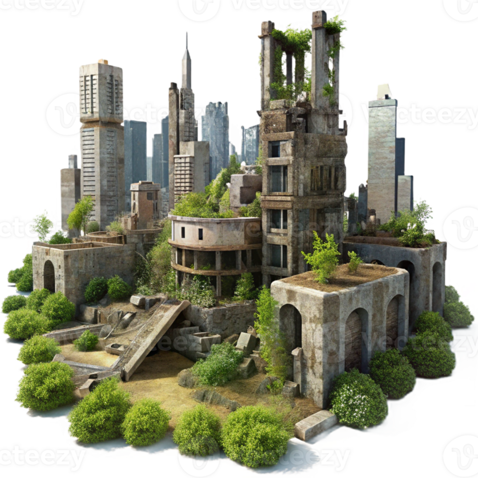 magnificent modern Post-apocalyptic cityscape, ruined buildings overgrown with vegetation, dusty atmosphere, matte painting style exclusive png