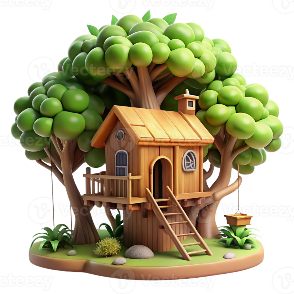 serene traditional Intricate wooden treehouse, nestled in a lush forest, dappled sunlight, whimsical style, digital illustration professional png