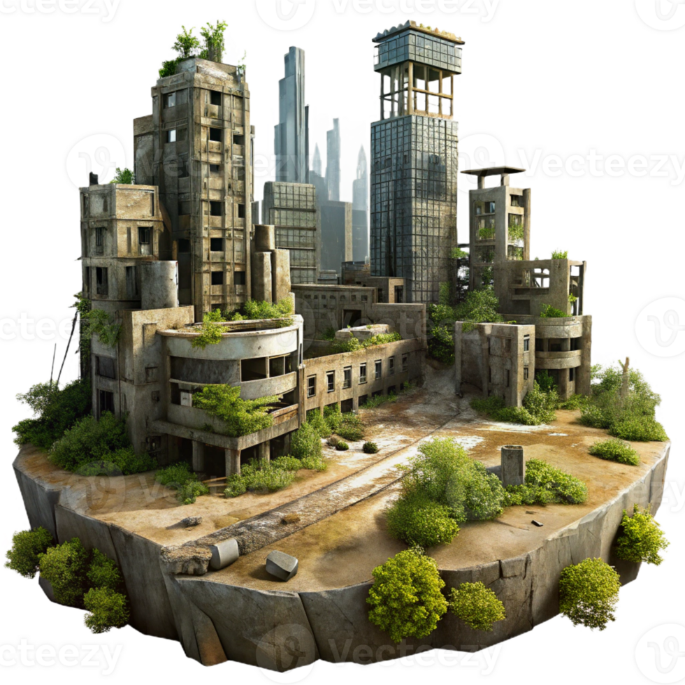 dramatic minimalist Post-apocalyptic cityscape, ruined buildings overgrown with vegetation, dusty atmosphere, matte painting style professional png