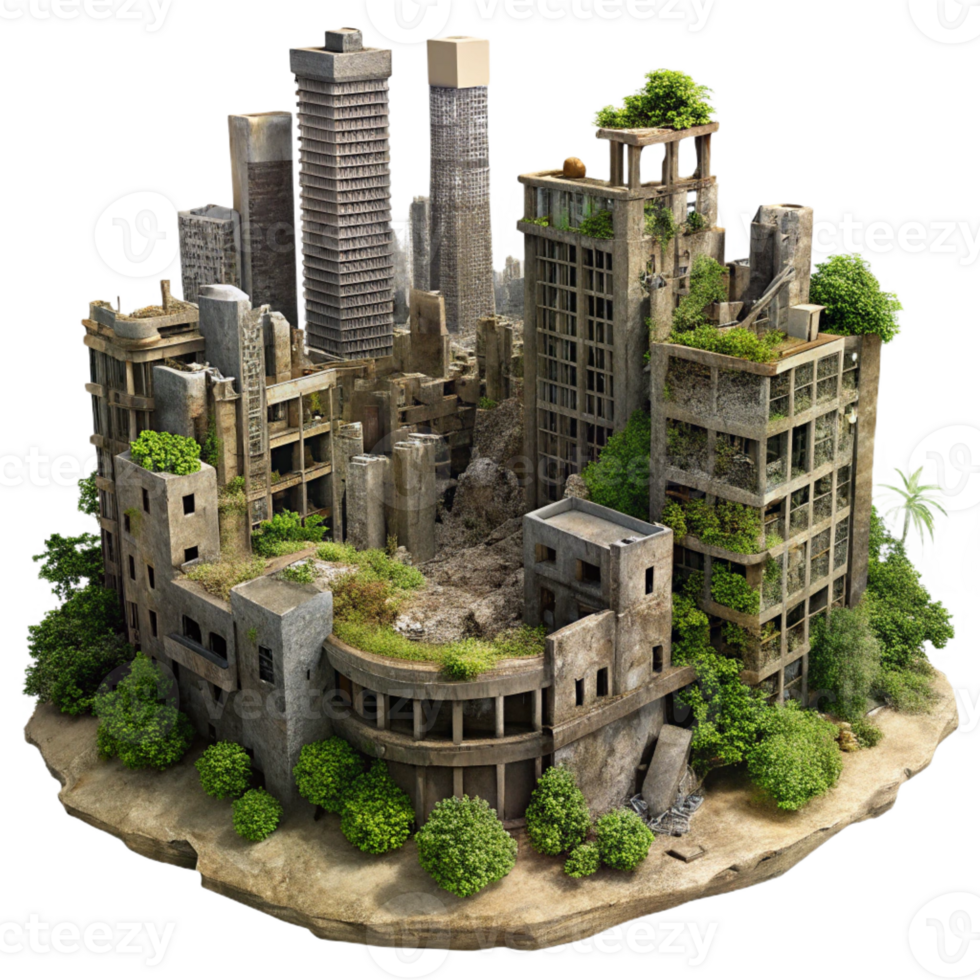 beautiful traditional Post-apocalyptic cityscape, ruined buildings overgrown with vegetation, dusty atmosphere, matte painting style high quality png