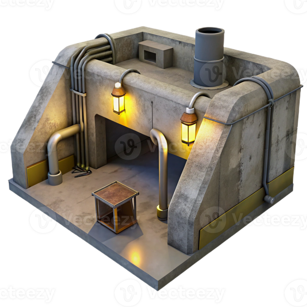 impressive rustic Underground bunker, concrete walls and exposed pipes, dim artificial light, gritty realism genuine png
