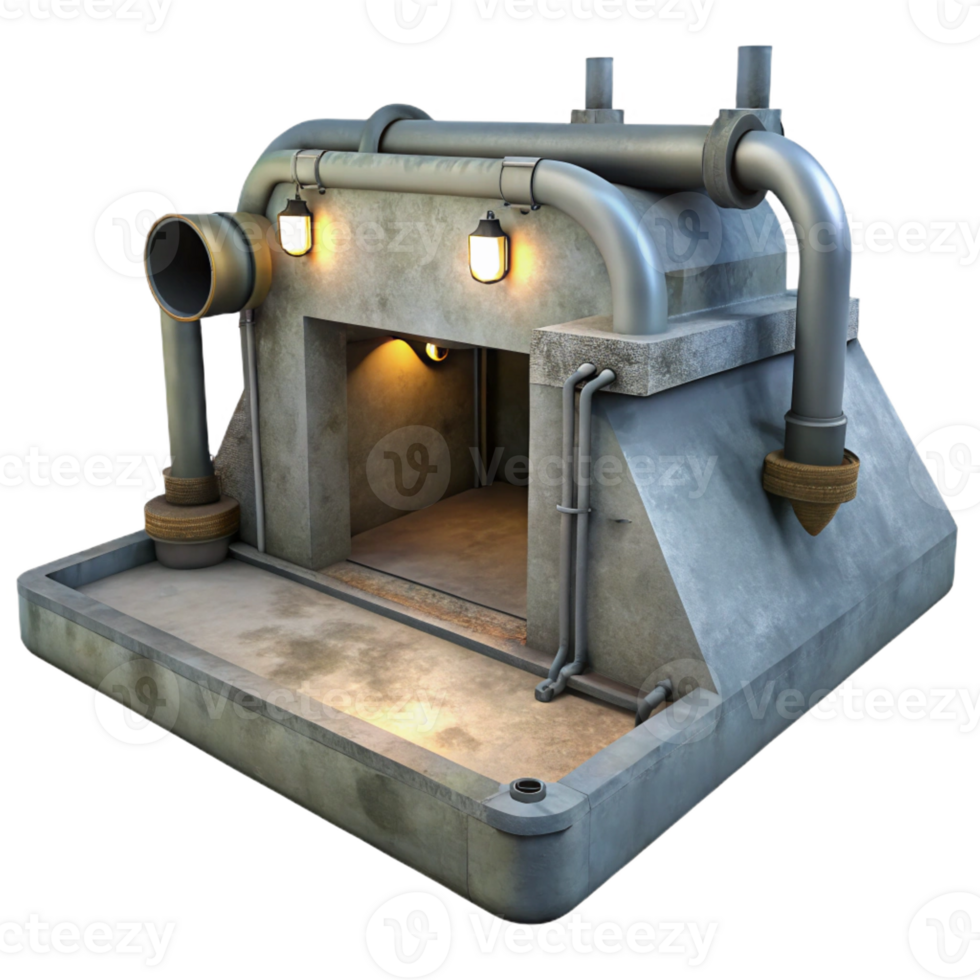 extraordinary creative Underground bunker, concrete walls and exposed pipes, dim artificial light, gritty realism exclusive png