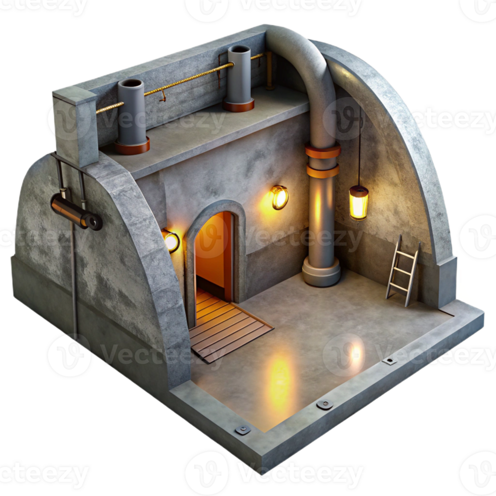 wonderful artistic Underground bunker, concrete walls and exposed pipes, dim artificial light, gritty realism premium png