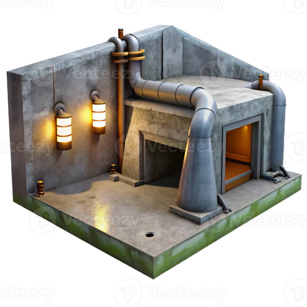 beautiful creative Underground bunker, concrete walls and exposed pipes, dim artificial light, gritty realism original png
