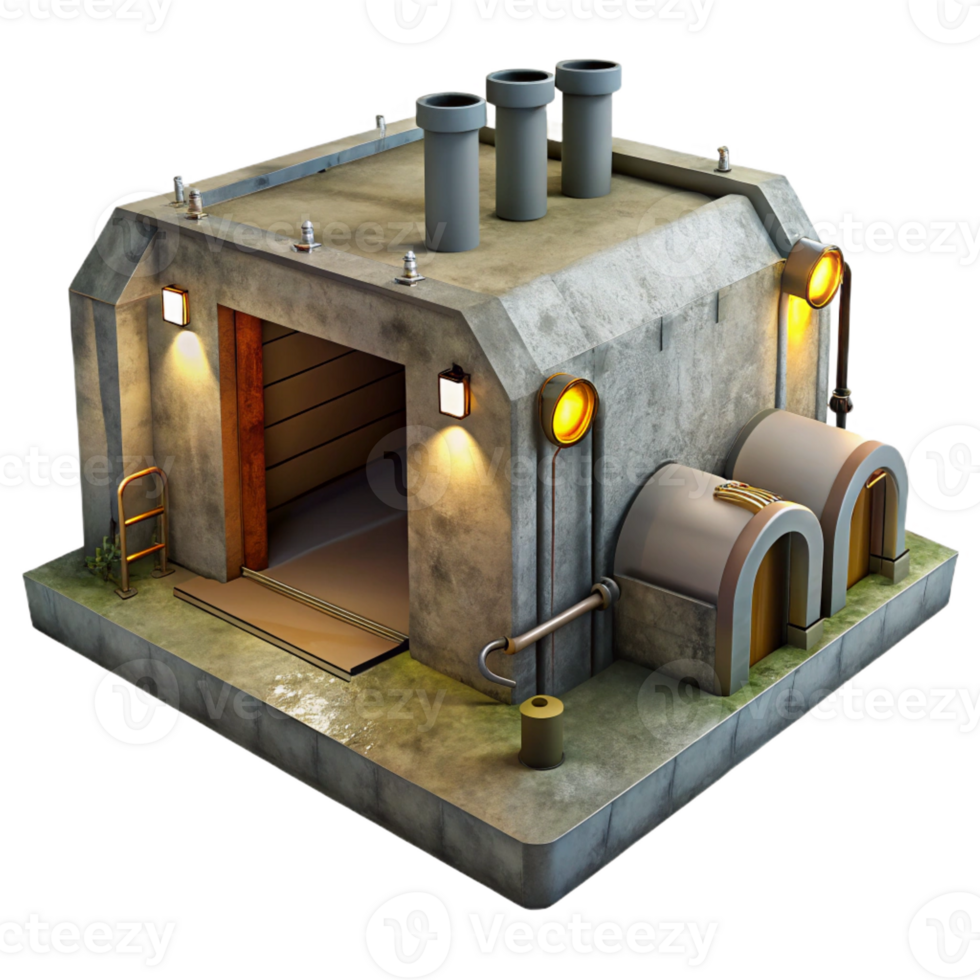 extraordinary abstract Underground bunker, concrete walls and exposed pipes, dim artificial light, gritty realism high quality png
