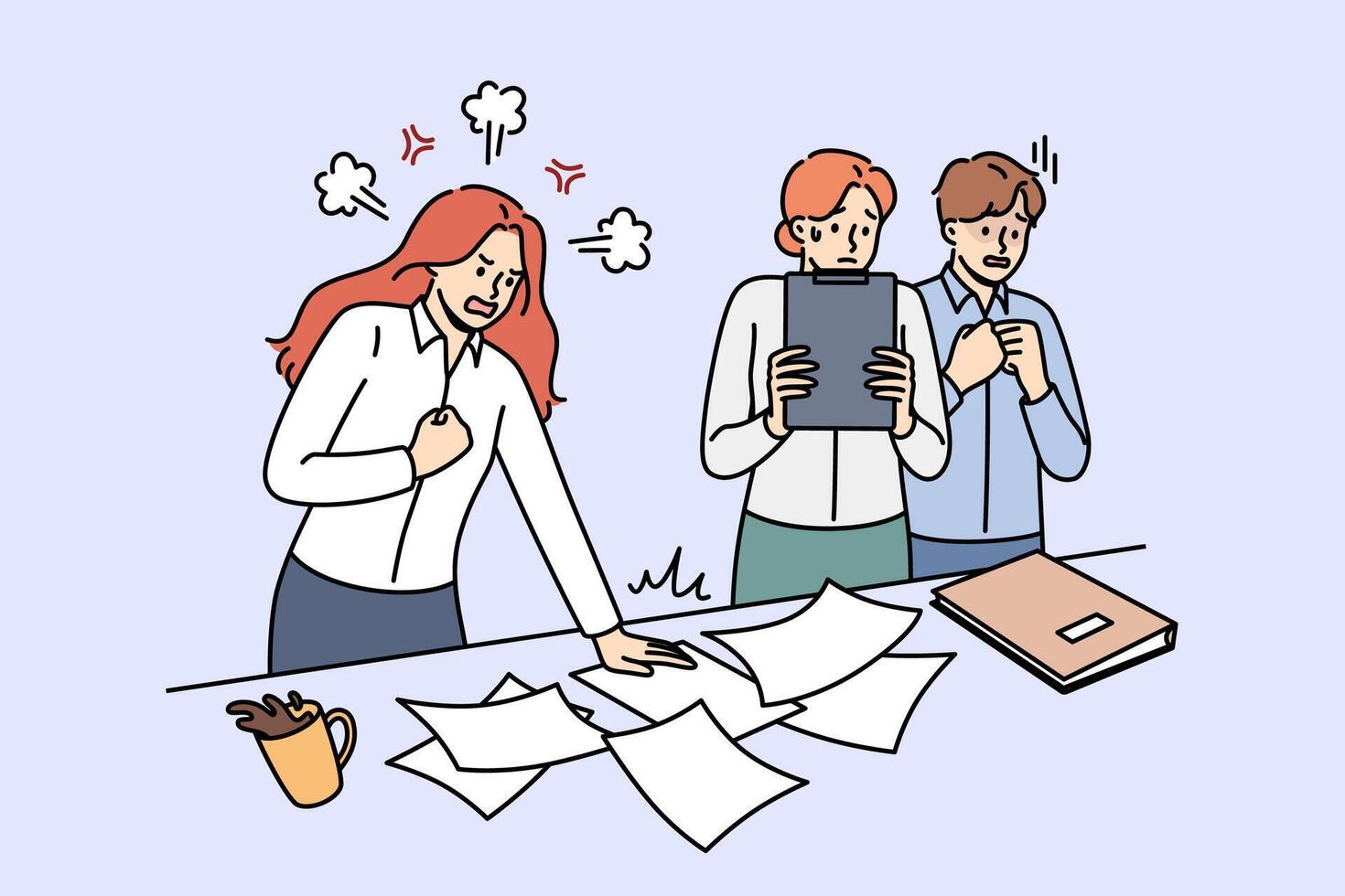 Angry woman manager shouts at frightened employees because of mistake or chaos in documents vector