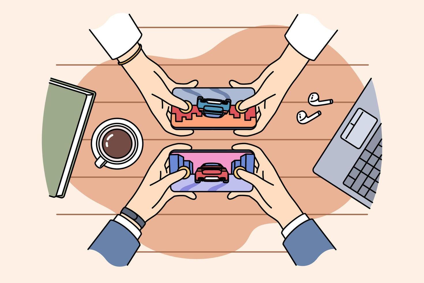 Paired game on phones of people competing in virtual races with each other, sitting at table vector