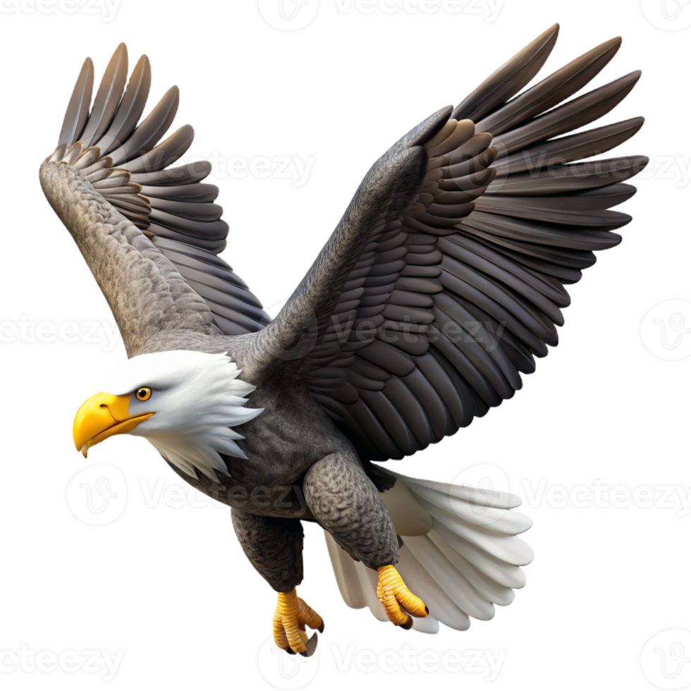 stunning modern A majestic bald eagle soaring through a clear blue sky, illuminated by the bright midday sun, rendered in a photorealistic style premium png