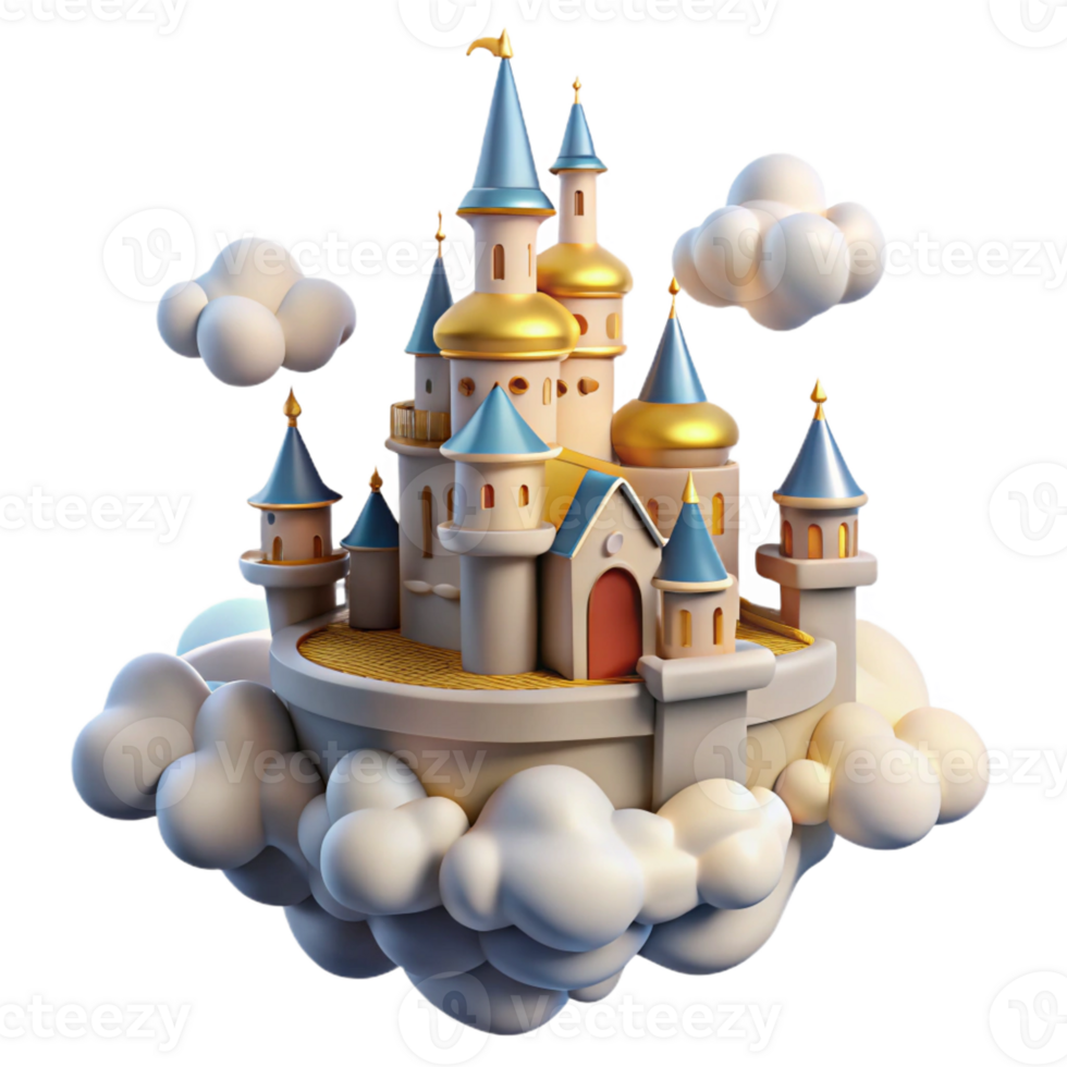 dramatic artistic Floating castle in the sky, surrounded by clouds, golden light, fantasy art style detailed png