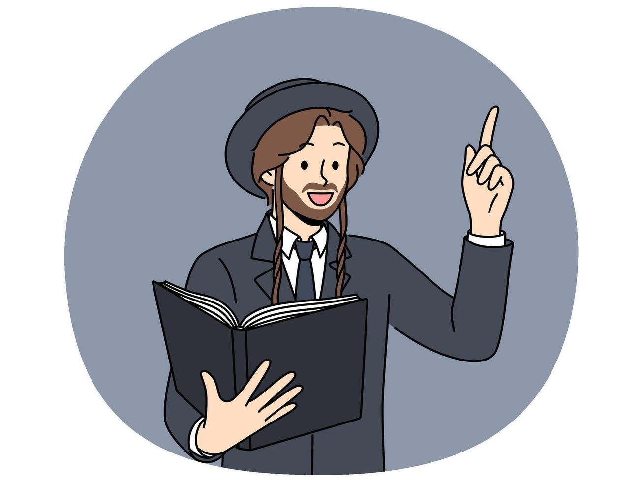 Jewish man holds book with religious texts and points finger up talking about israelite religion vector