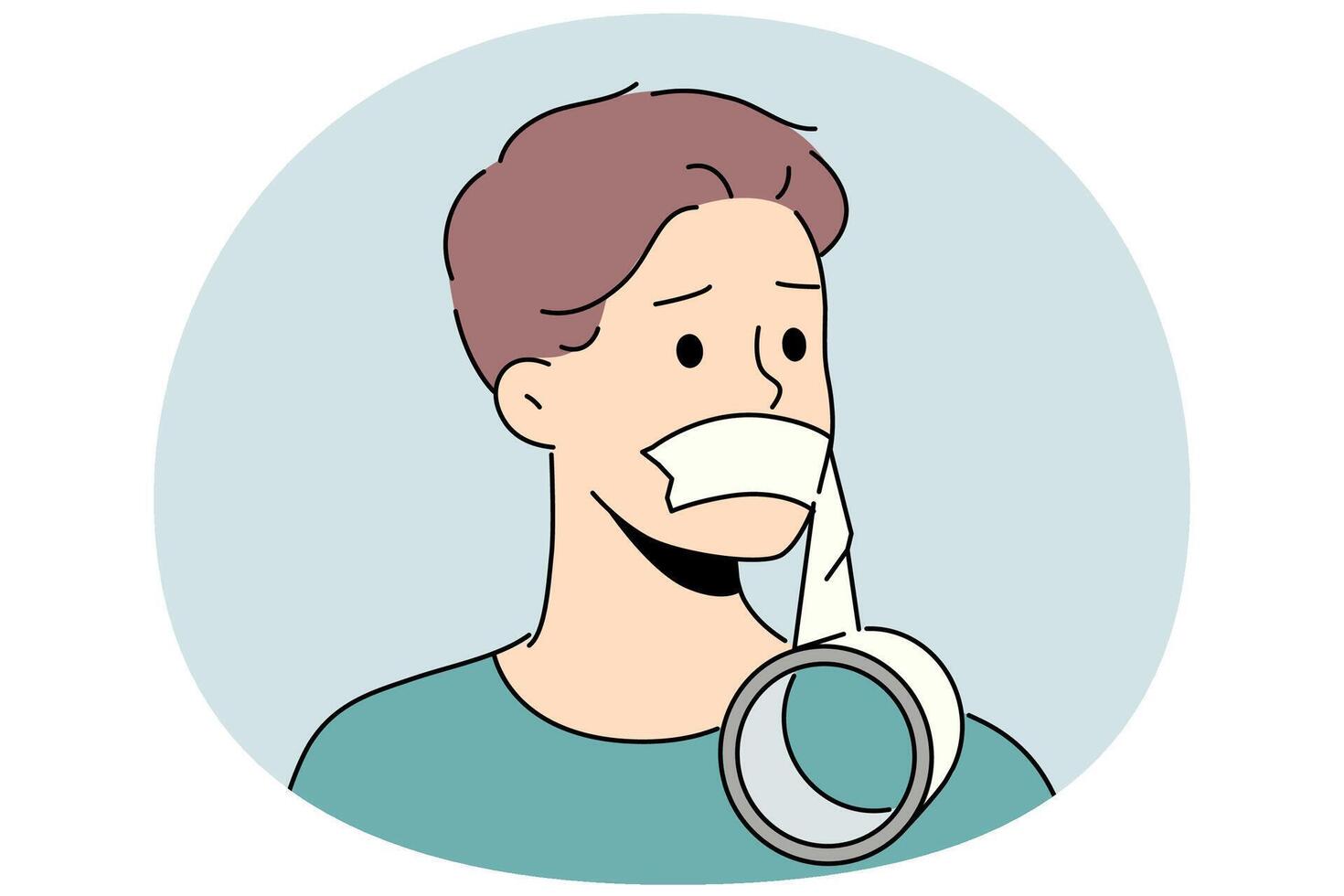 Man with mouth taped shut is embarrassed by lack opportunity to speak out and censorship vector