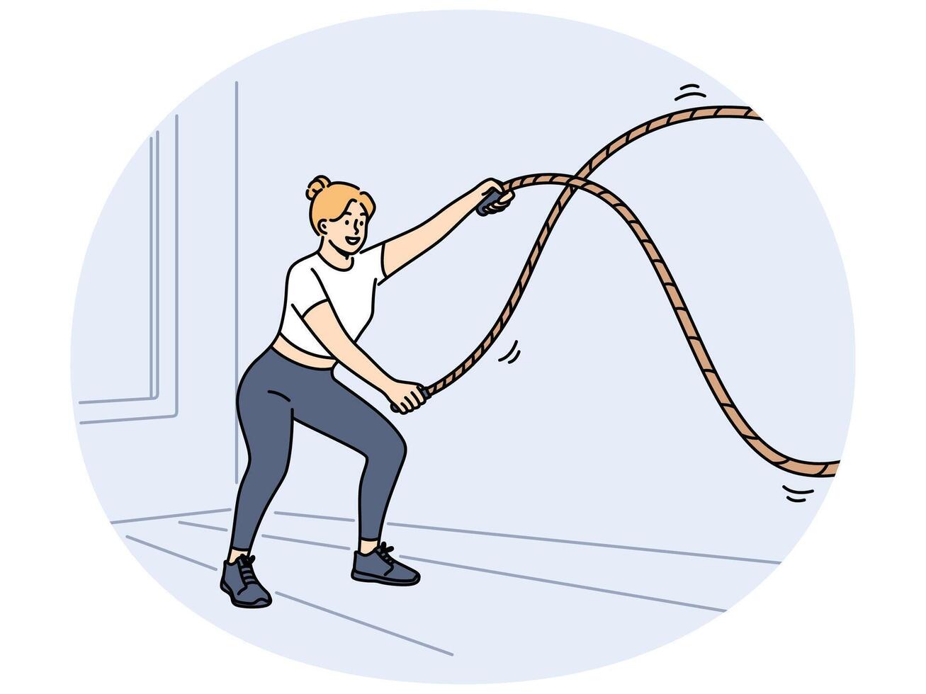 Woman doing fitness using battle rope training at sport center to lose weight or build muscles vector