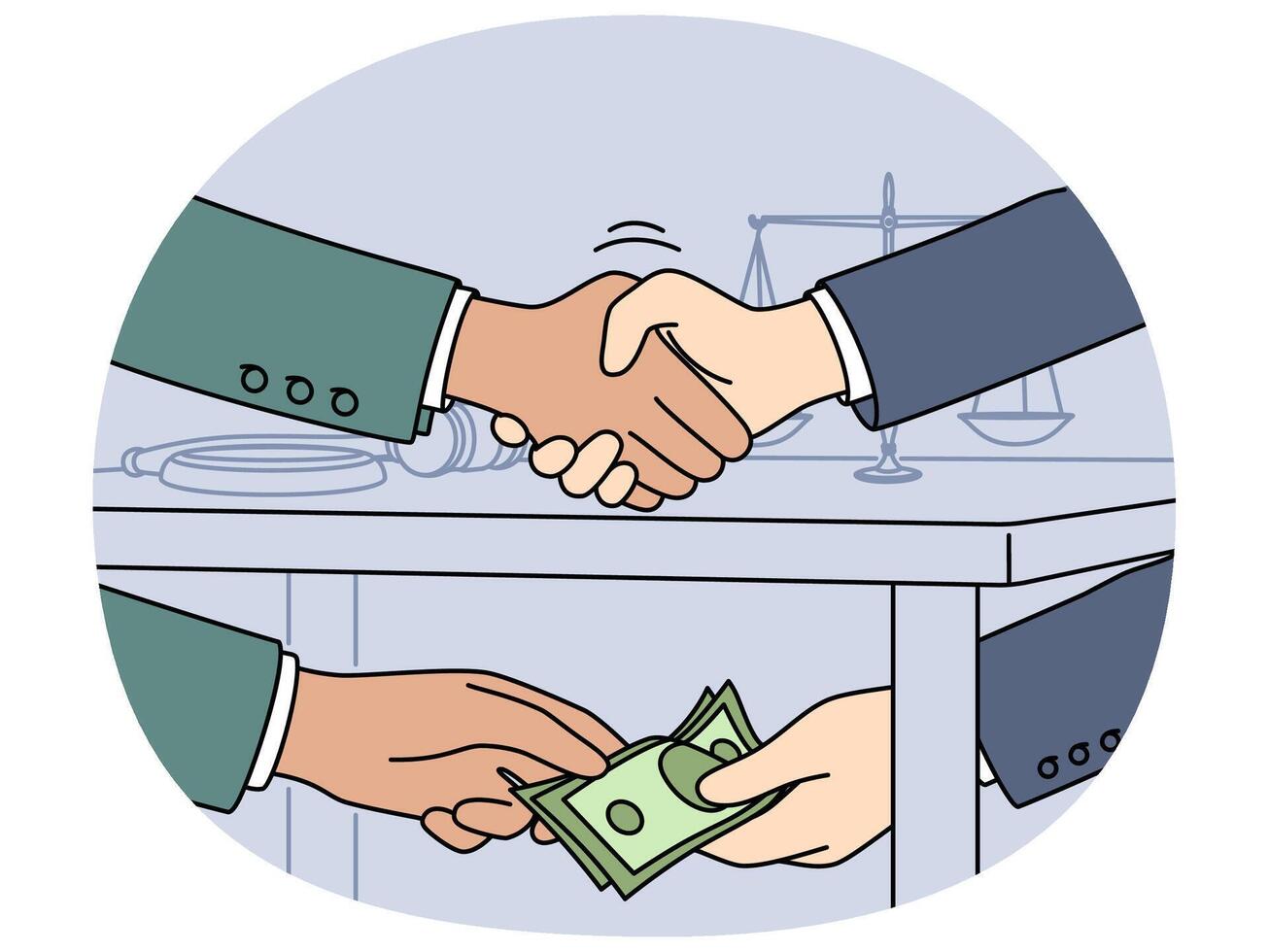Official shakes hands with businessman after receiving bribe for unfair judicial decision vector