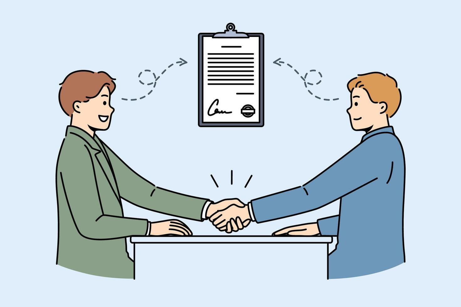 Business agreement partners shaking hands after signing important contract on strategic cooperation vector