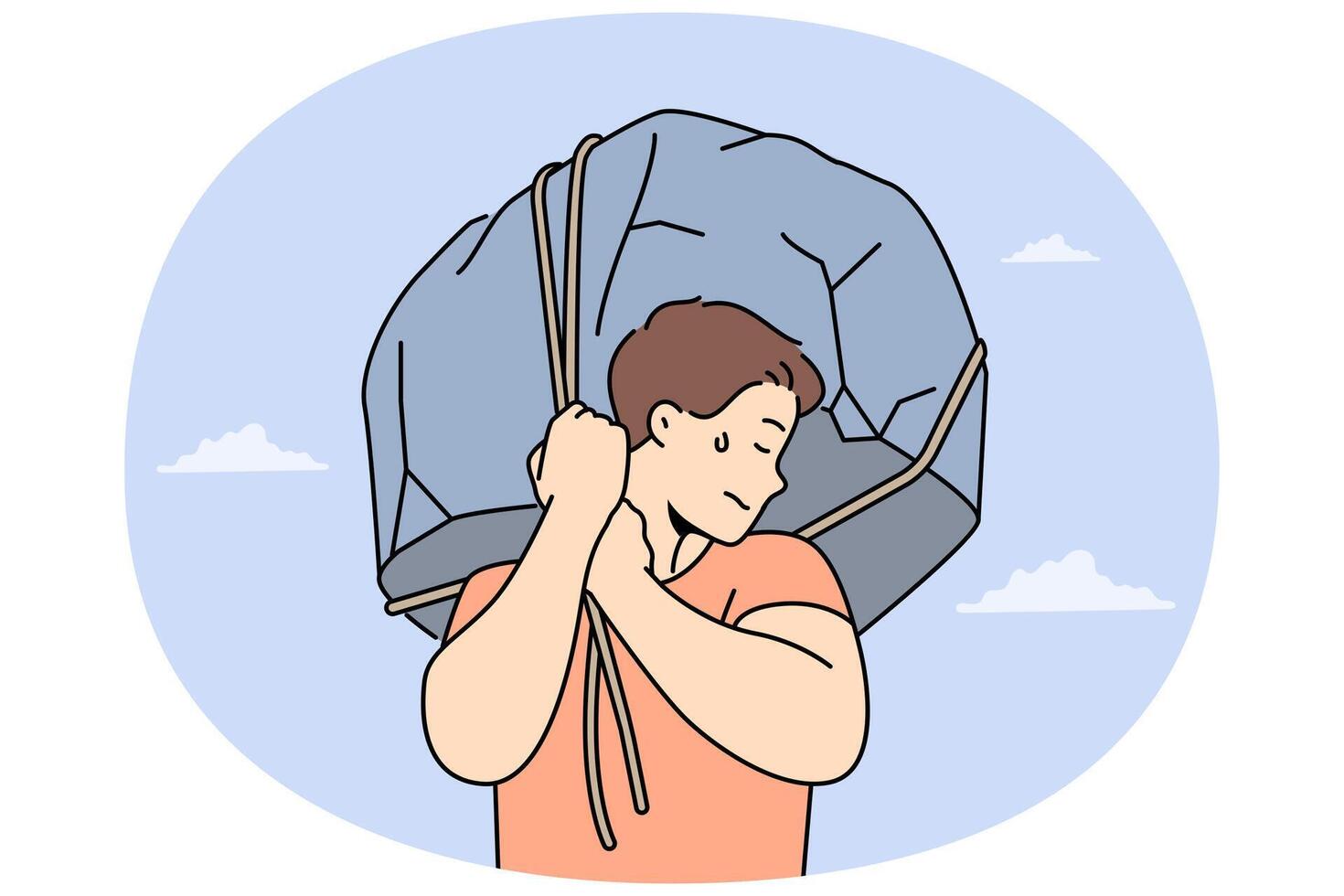 Man lifts huge stone demonstrating strength and readiness for difficult work to achieve success vector