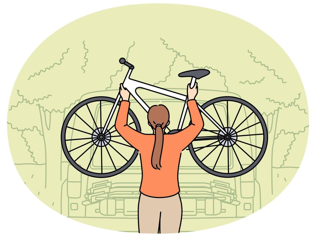 Woman hangs bicycle on pickup truck for trip to nature and active recreation during summer holidays vector