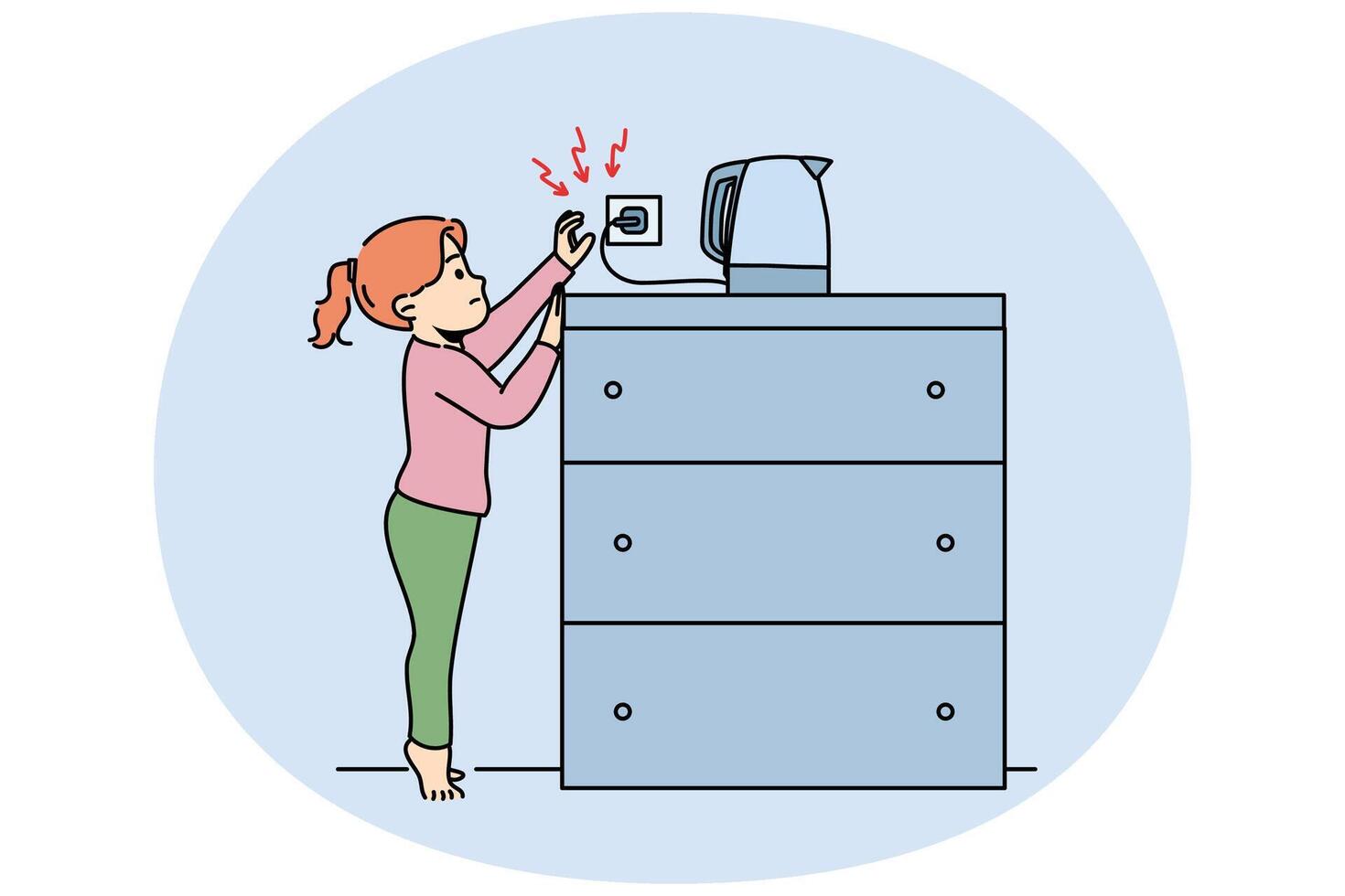 Little girl reaches for socket of electric kettle, risking being burned or getting electric shock vector