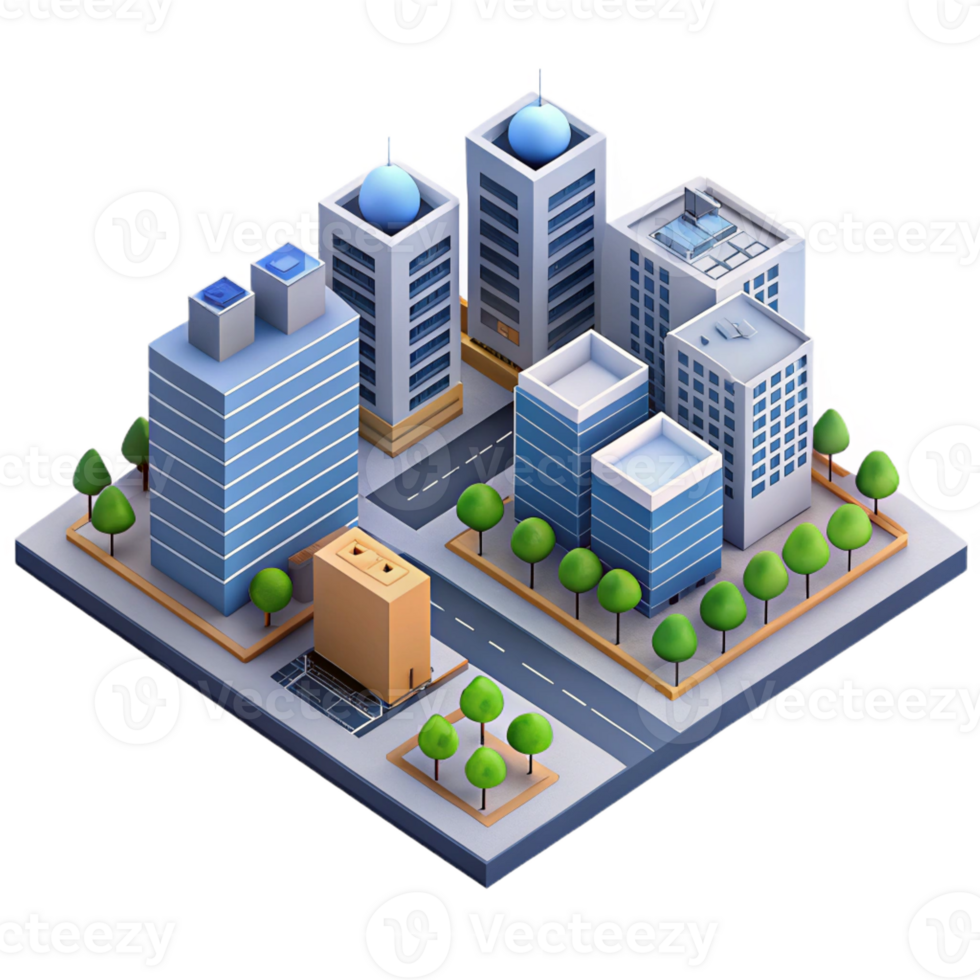 magnificent rustic Isometric view of a complex city block, detailed buildings and streets, bright daylight, technical illustration genuine png