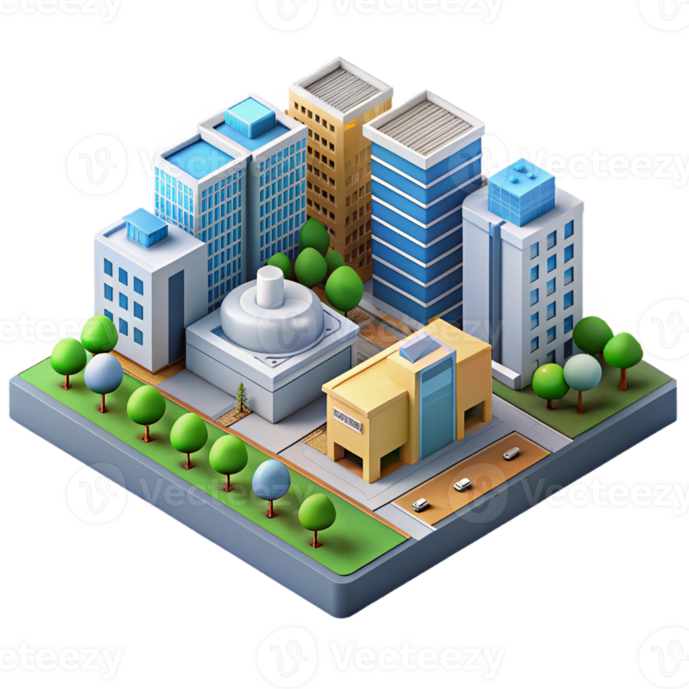 serene abstract Isometric view of a complex city block, detailed buildings and streets, bright daylight, technical illustration high quality png