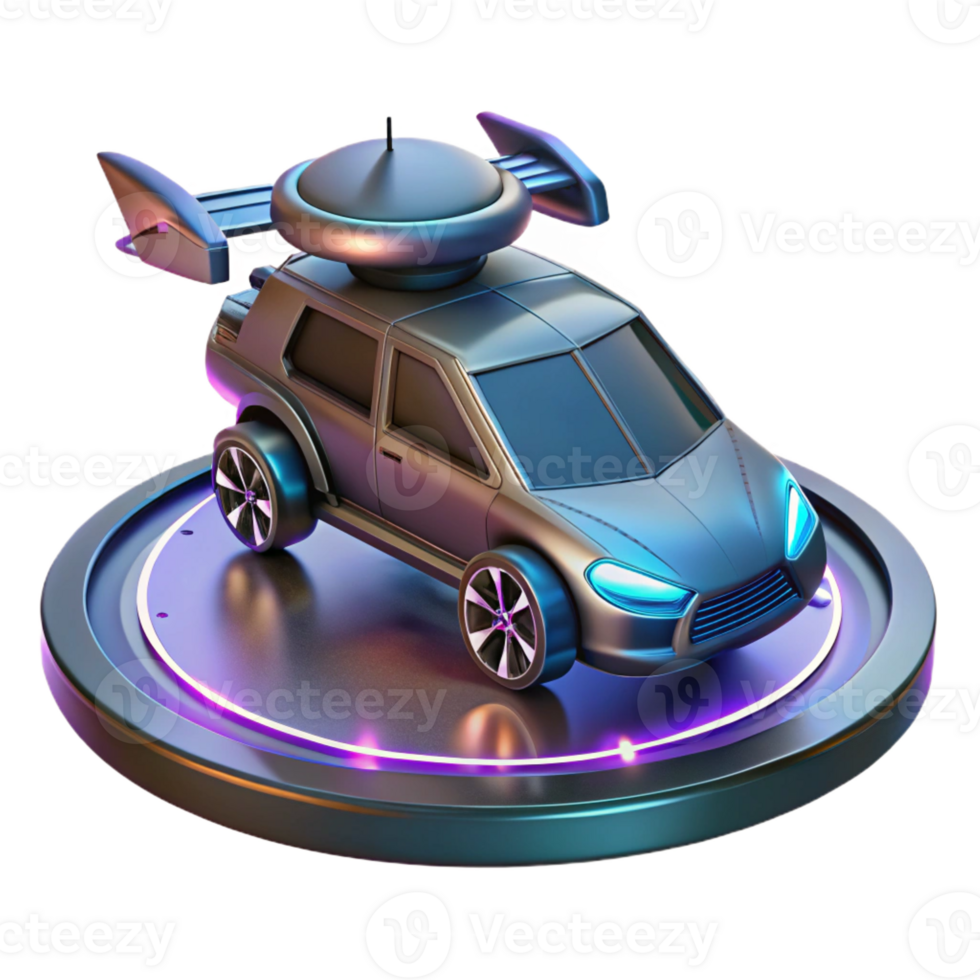 magnificent rustic A futuristic flying car parked on a rooftop helipad, cityscape background, neon lights, cyberpunk style genuine png
