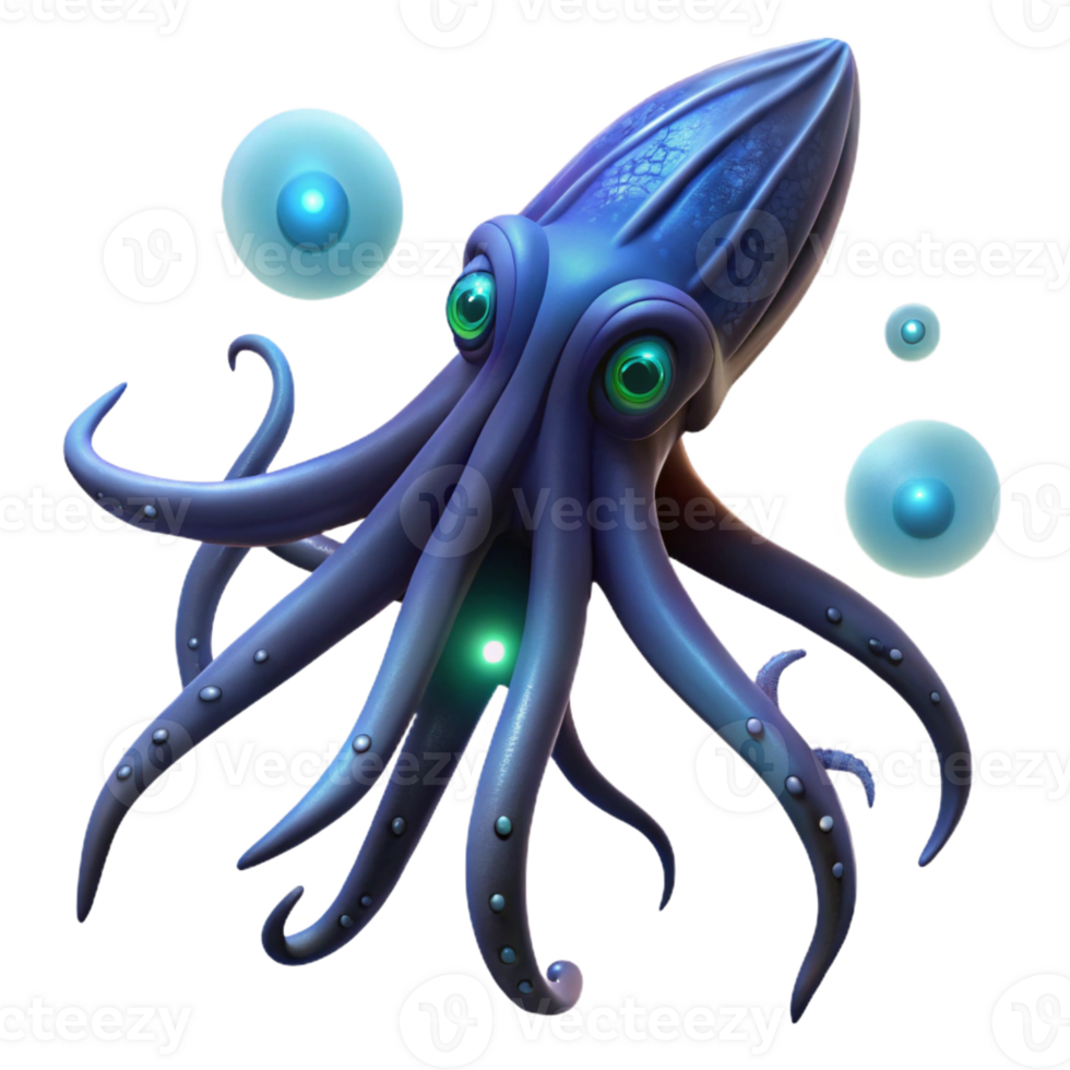 impressive creative A giant squid swimming through the dark depths of the ocean, illuminated by bioluminescent creatures, rendered in a mysterious, realistic style 4K png
