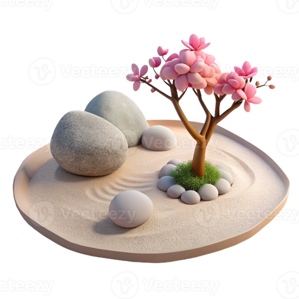 elegant minimalist A minimalist Japanese Zen garden, raked gravel, carefully placed rocks, a single cherry blossom tree, soft daylight high resolution png