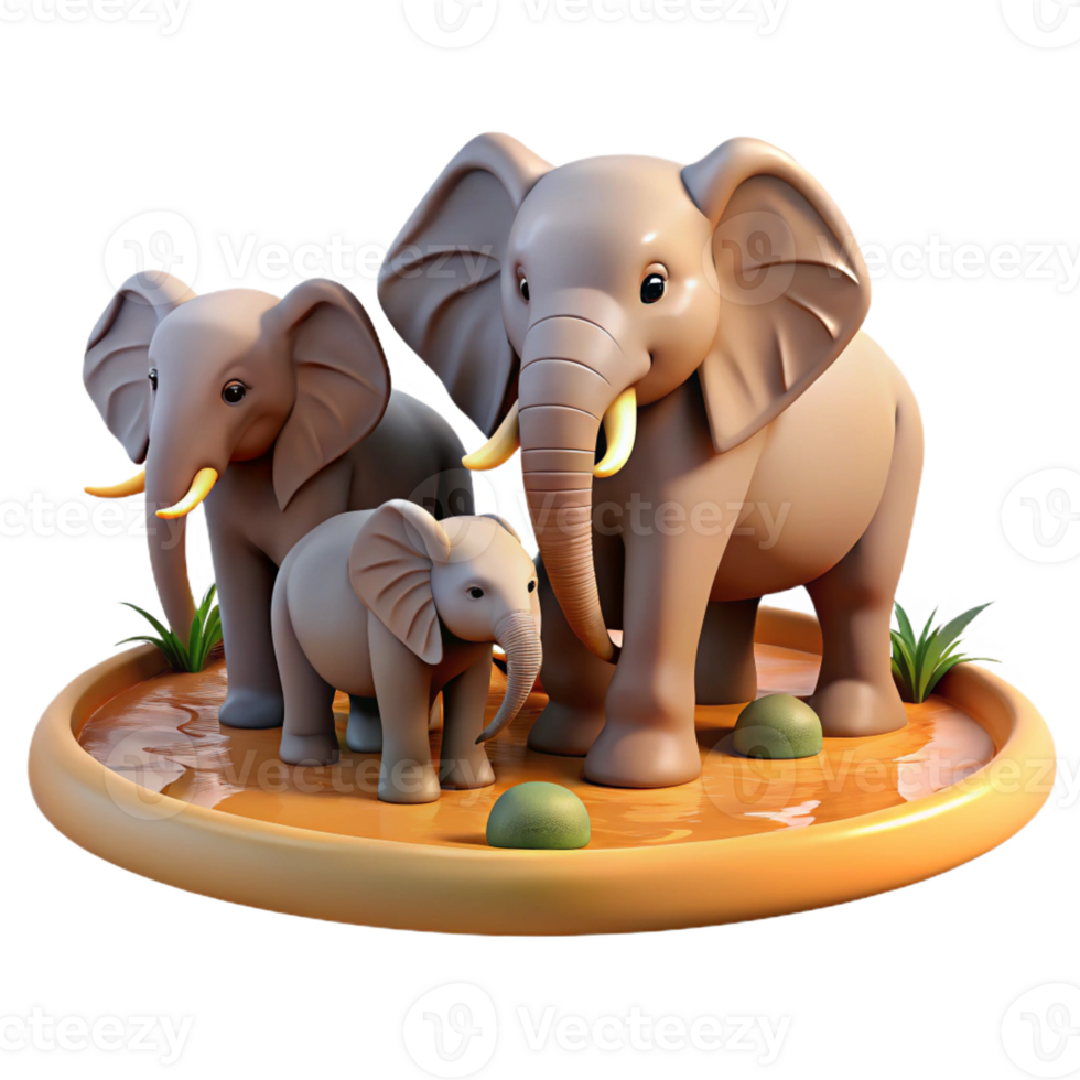 dramatic classic A family of elephants bathing in a muddy waterhole, illuminated by the warm afternoon sun, depicted in a heartwarming, realistic style genuine png