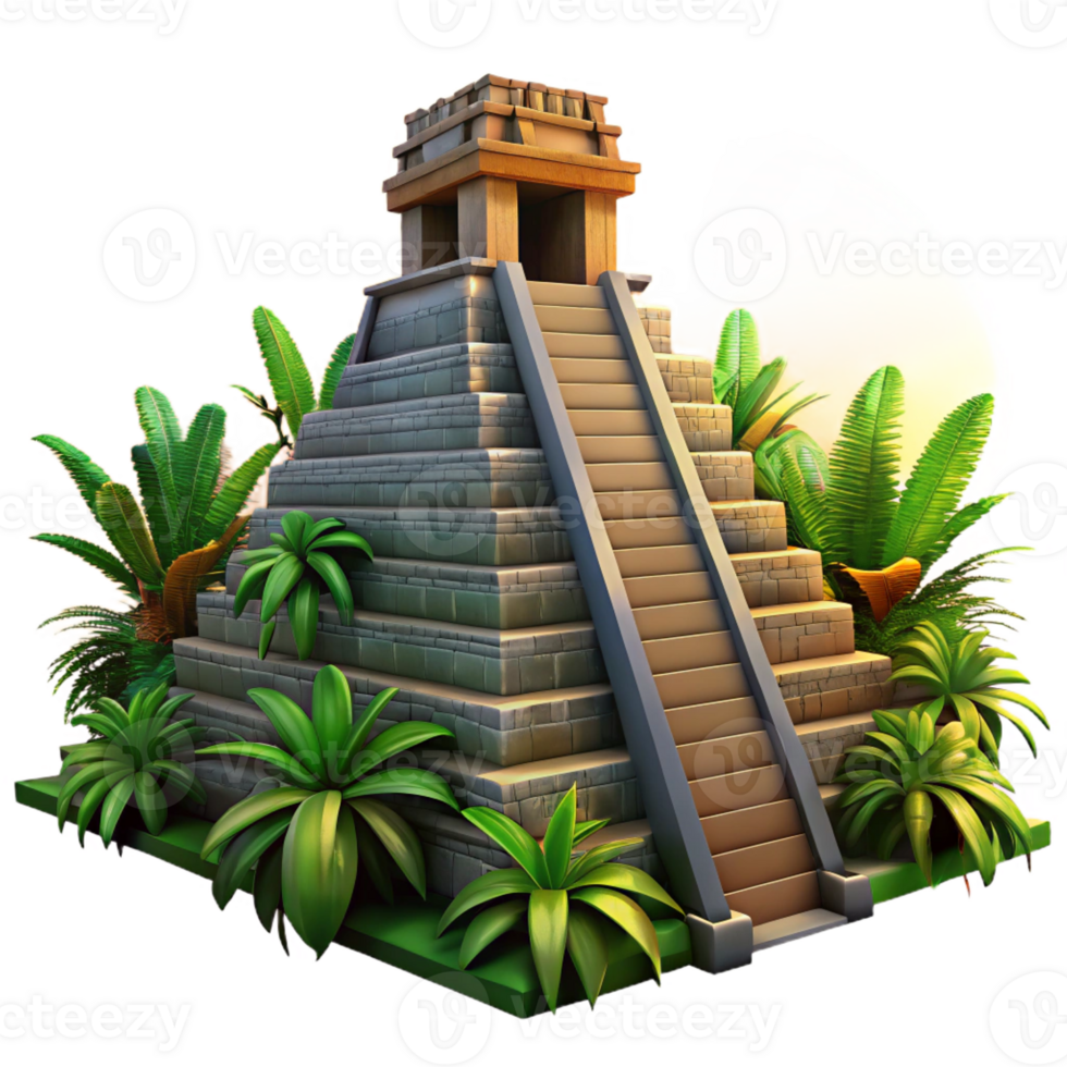 wonderful creative An ancient Mayan pyramid, overgrown with jungle vegetation, dramatic sunset lighting, historical illustration premium png