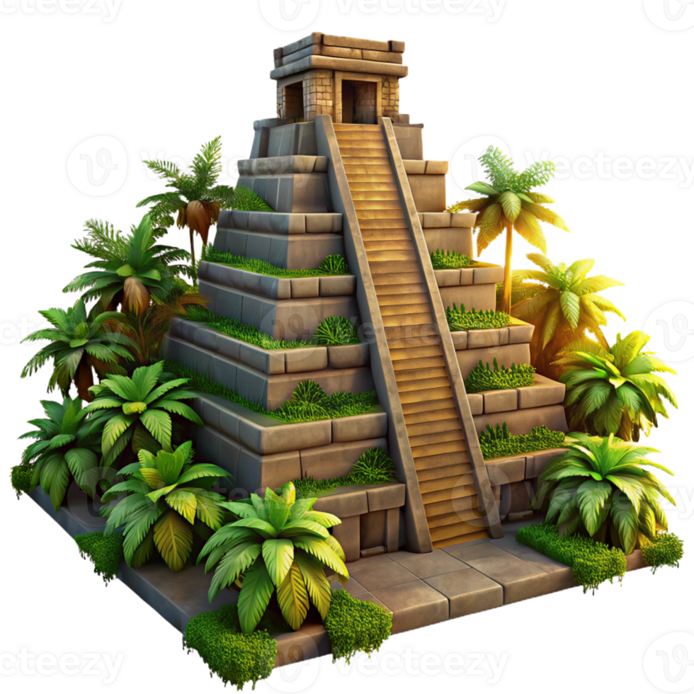 magnificent traditional An ancient Mayan pyramid, overgrown with jungle vegetation, dramatic sunset lighting, historical illustration high resolution png