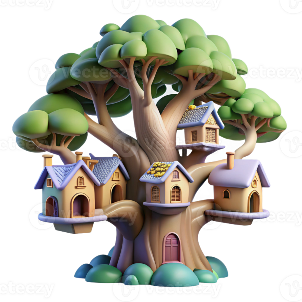 elegant contemporary A giant tree with houses built into its branches, whimsical style, dappled sunlight, fantasy illustration original png