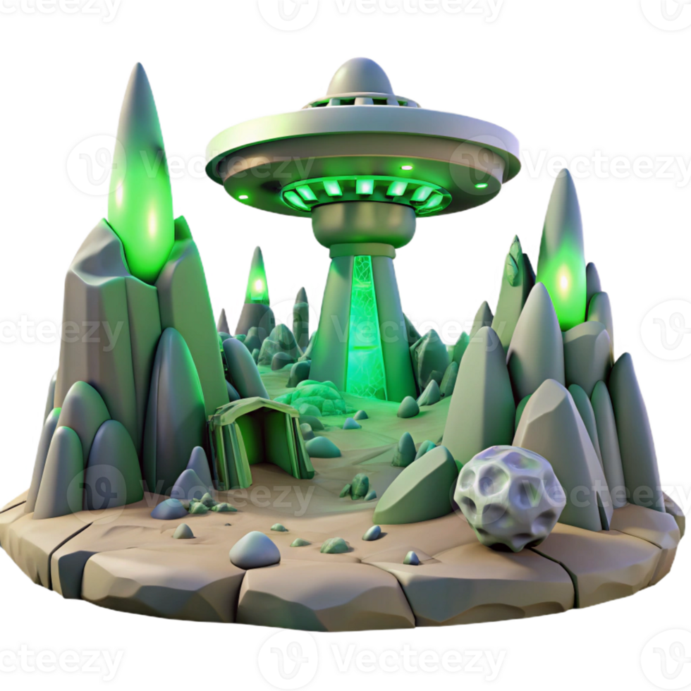 serene contemporary A desolate alien landscape with strange rock formations and a single futuristic building, eerie green lighting, sci-fi art detailed png