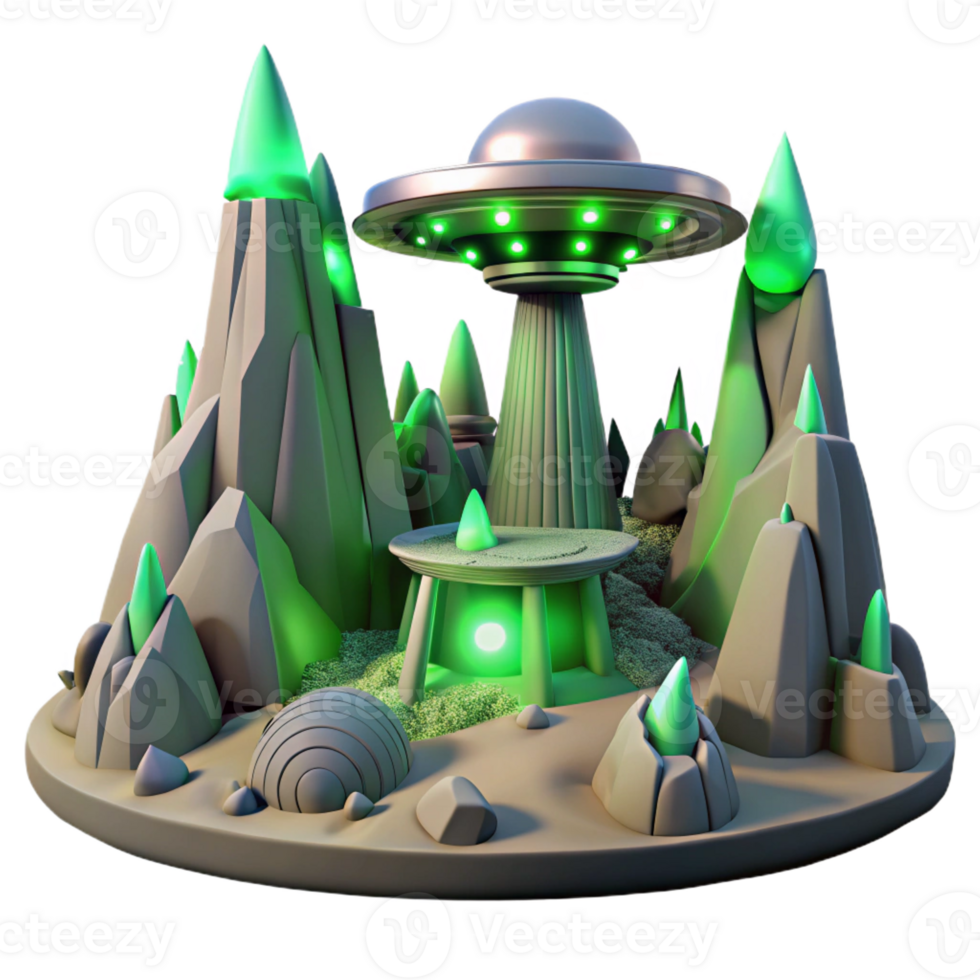 serene contemporary A desolate alien landscape with strange rock formations and a single futuristic building, eerie green lighting, sci-fi art original png
