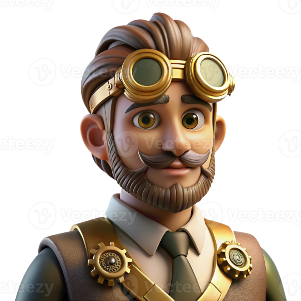 extraordinary contemporary Portrait of a steampunk inventor with goggles, intricate gears and clockwork mechanisms embedded in their skin. Warm, golden lighting, hyperrealistic style premium png