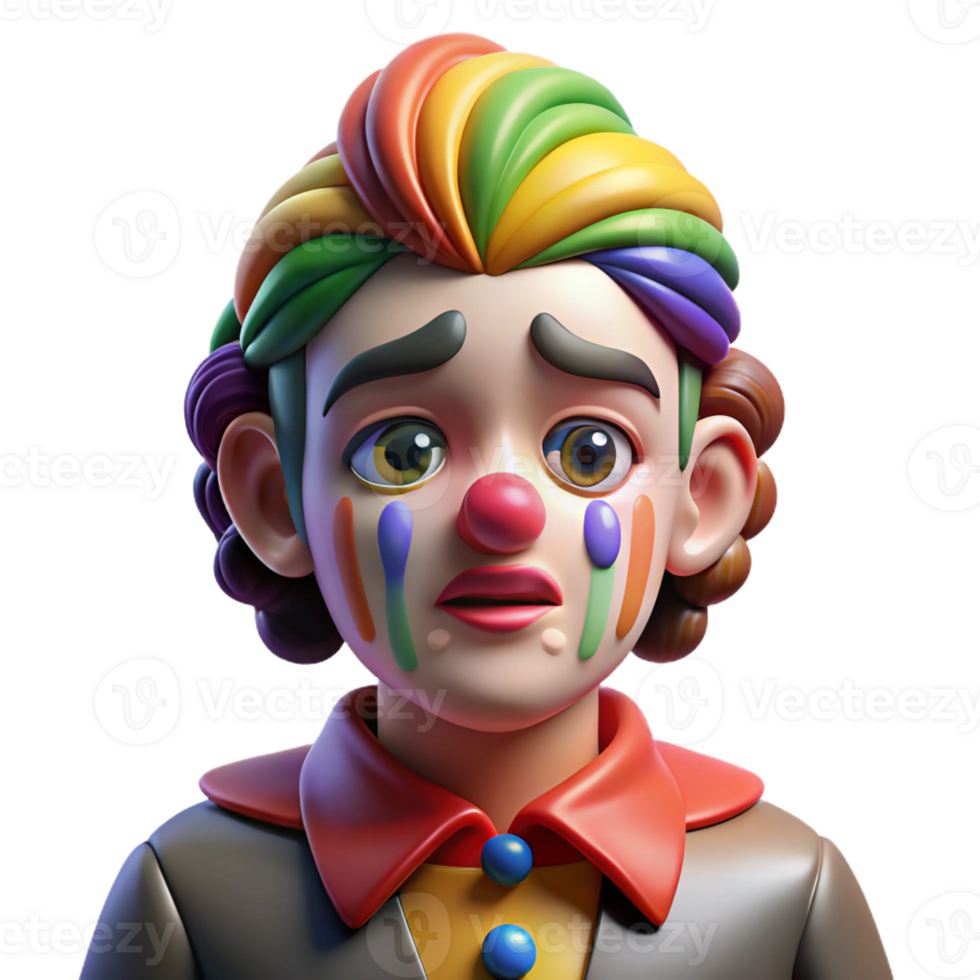 impressive classic Portrait of a melancholic clown with dripping rainbow makeup and a single tear rolling down their cheek. Chiaroscuro lighting, Art Deco style professional png