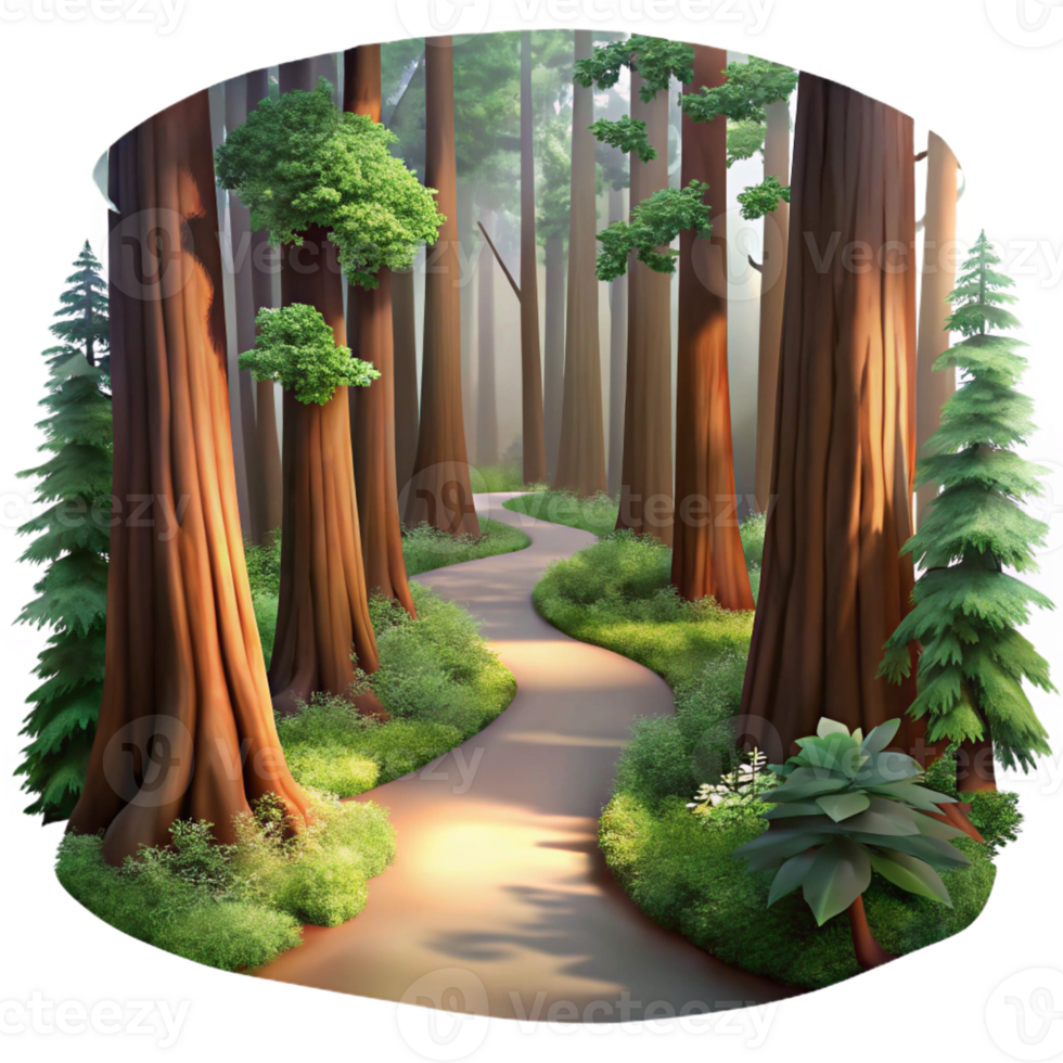 impressive modern A winding dirt path through a redwood forest, dappled sunlight filtering through the canopy, ethereal, painterly genuine png