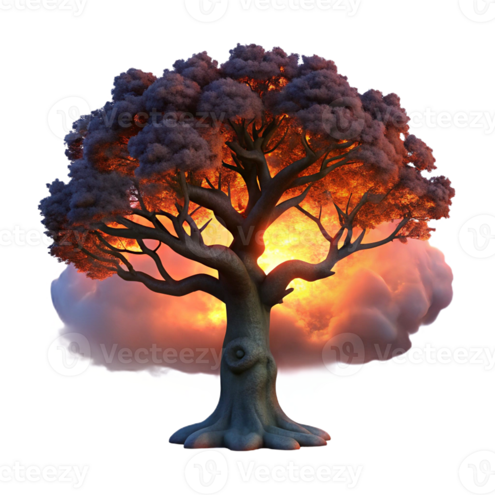 dramatic creative A lone, gnarled oak tree silhouetted against a fiery sunset sky, dramatic lighting, dark fantasy, digital painting exclusive png