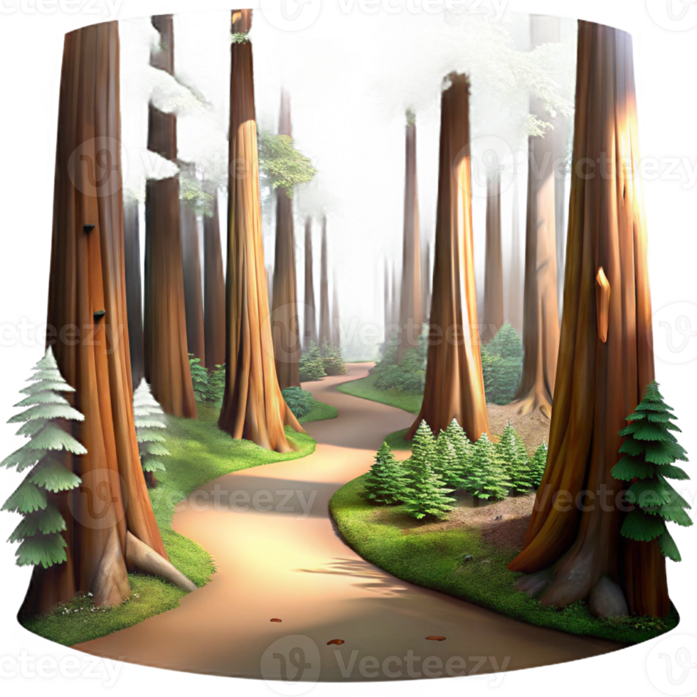 extraordinary traditional A winding dirt path through a redwood forest, dappled sunlight filtering through the canopy, ethereal, painterly high quality png